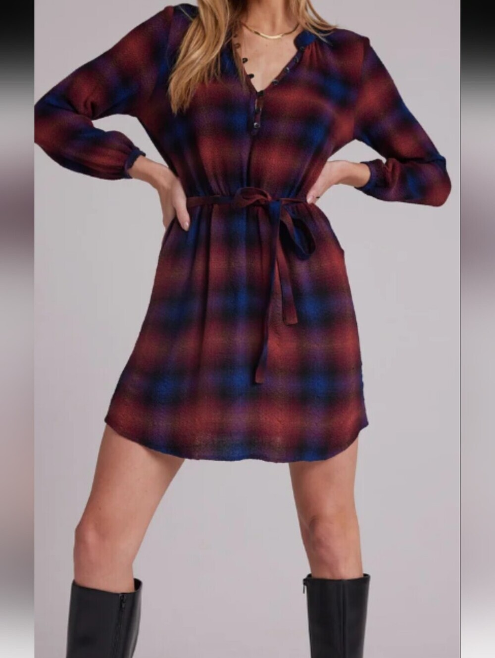 Bella Dahl Plaid Half Placket Dress *Large * NWT